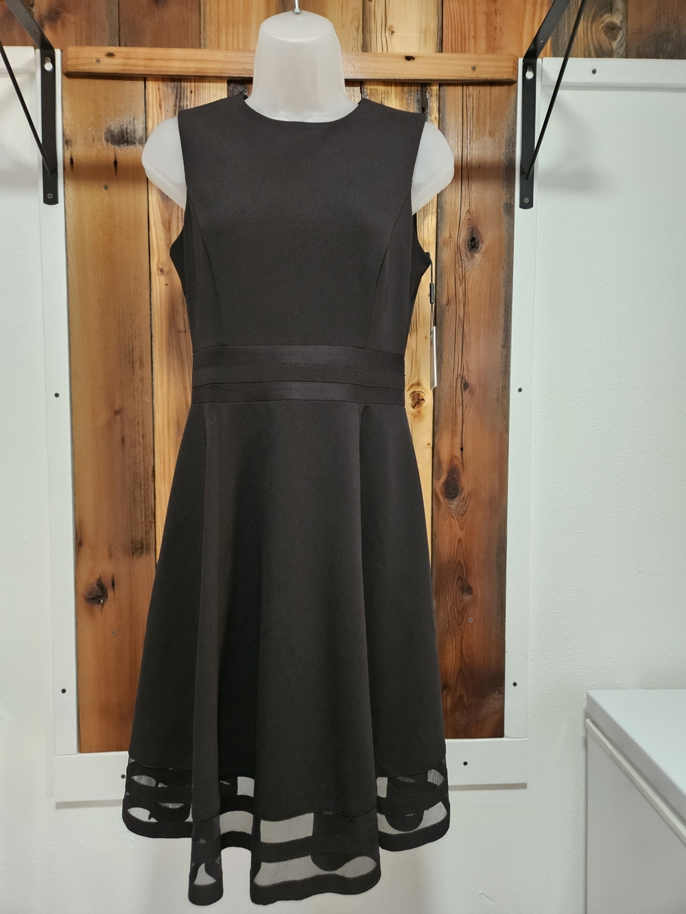 Calvin Klein Black Sleeveless Fit-and-Flare Dress with Sheer Hem